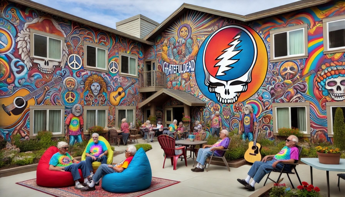 DALL·E 2024-11-25 13.35.53 - A whimsical and vibrant retirement home inspired by the Grateful Dead, featuring psychedelic art and colorful decor. The building has murals with tie-.jpeg